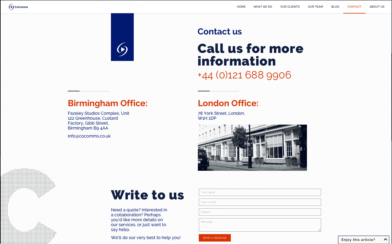 CoComms contact page