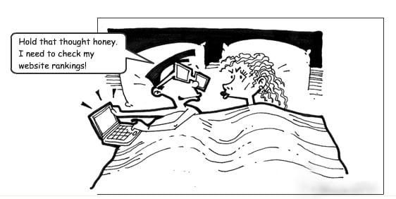 Cartoon drawing showing guy more interested in his website rank than his wife in bed
